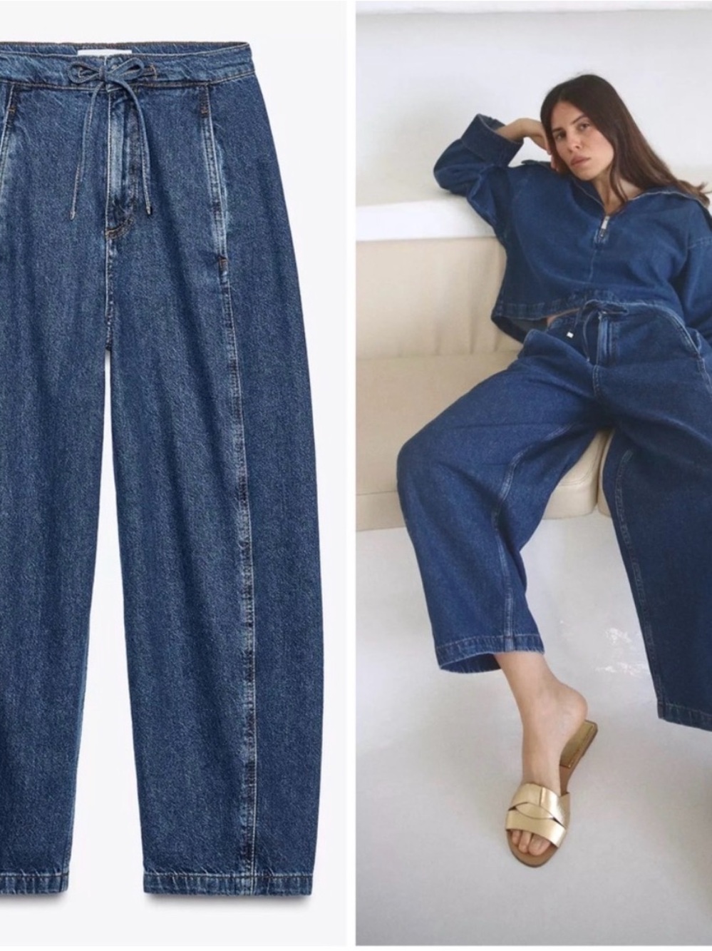 Zara Dark Blue Boyfriend Drawstring Jeans
